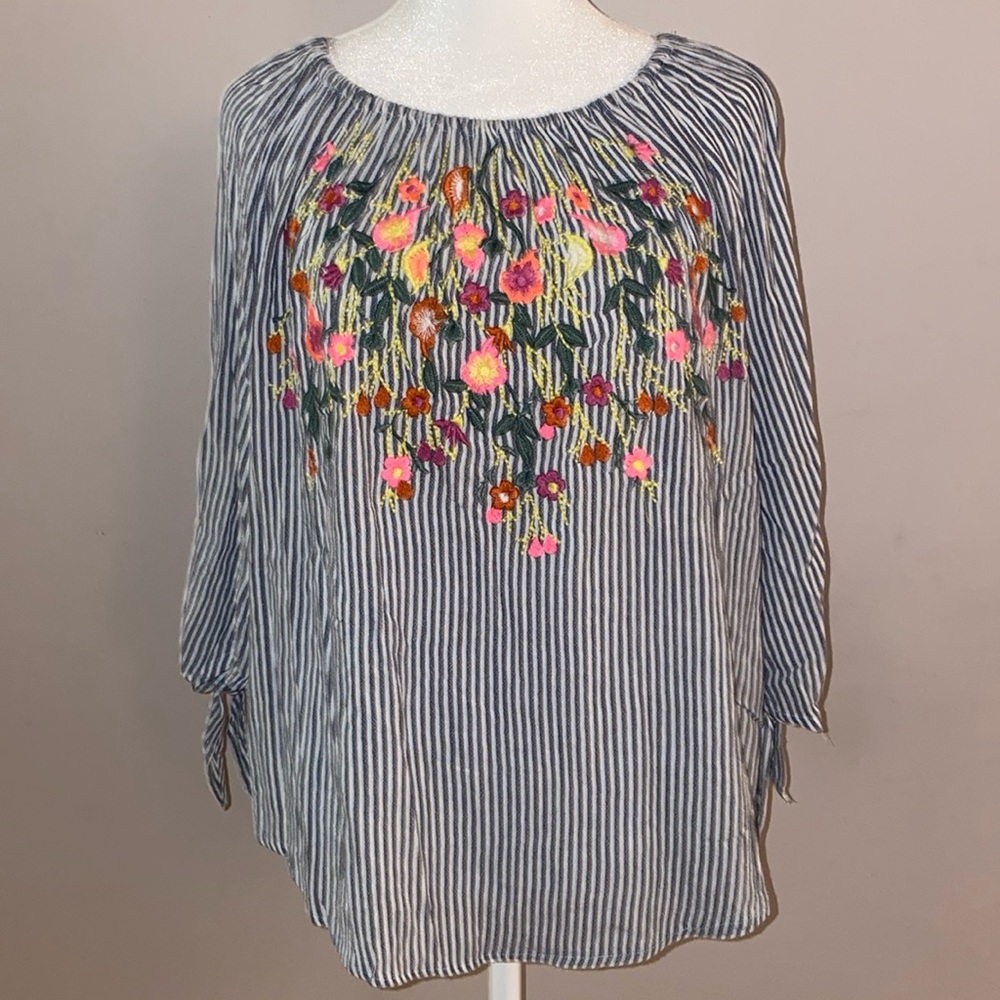 Francesca’s “Blue Rain” Boho Stripe Embroidered 3/4 Sleeve Blouse